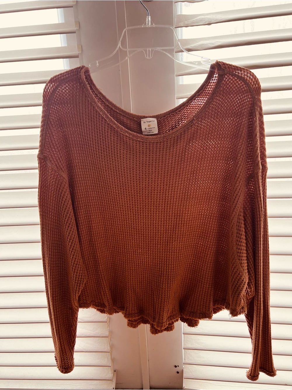 Rust Brown Waffle Knit Long Sleeve Crop Sweater